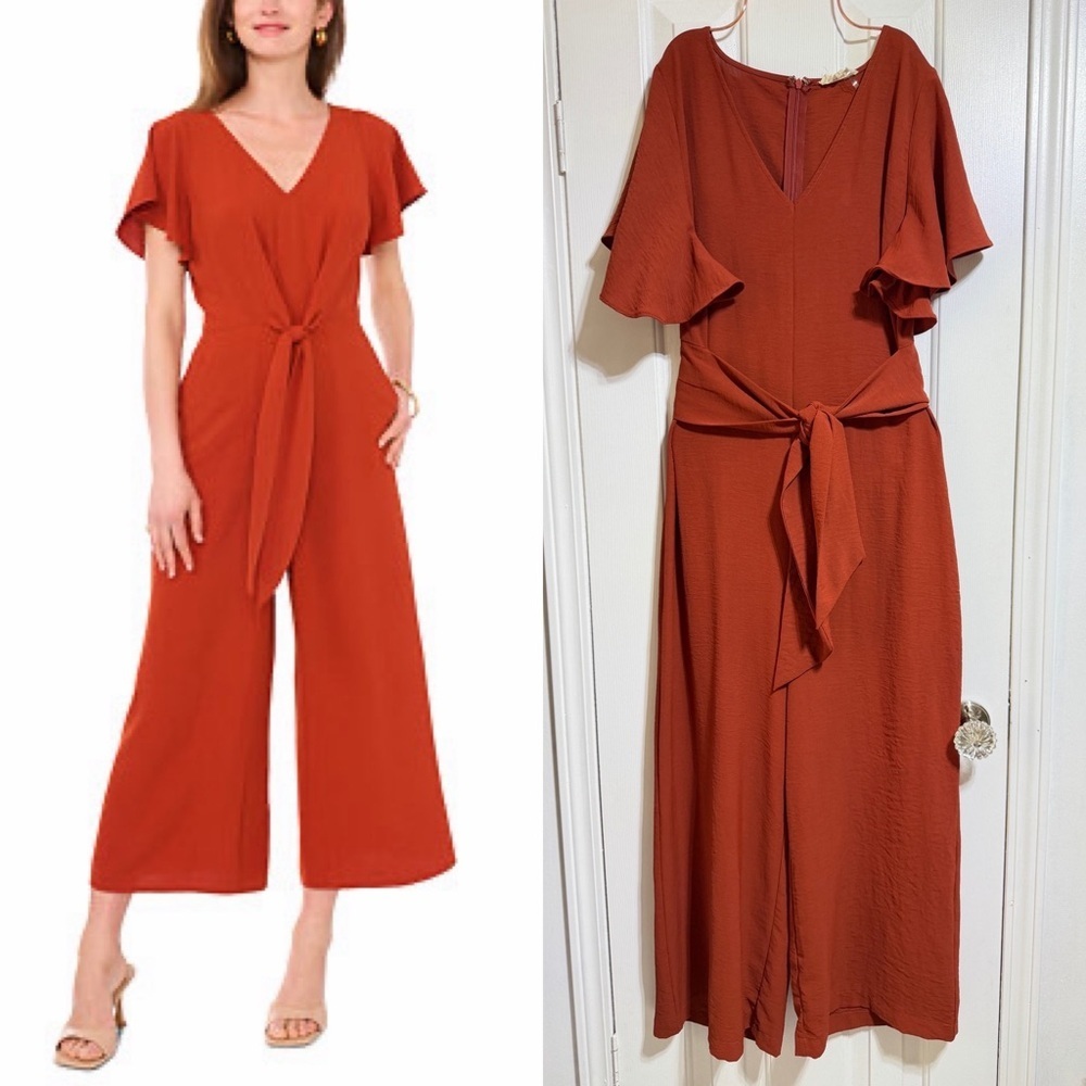 Entro rust orange wide leg crop flutter sleeve tie waist jumper jumpsuit large